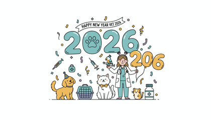Obraz premium Happy New Year 2026 veterinary concept Female vet celebrates with dog cat and diverse pets Pet health care