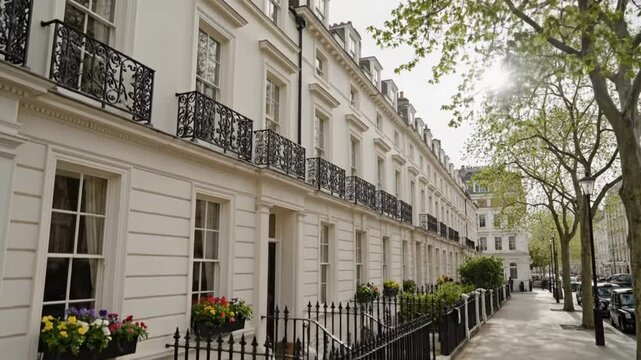 Scenic view of a row of white townhouses in London with black ironwork and flower boxes on a bright day