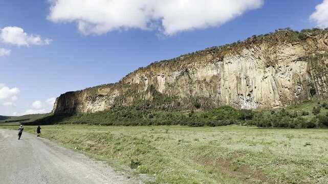 Stunning footage of Hell&rsquo;s Gate National Park in Kenya, featuring dramatic cliffs, rocky landscapes, and unique geological formations in the African wilderness.