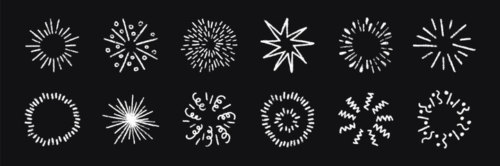 Crayon doodle confetti set. White pencil hand drawn firework symbol. Chalk texture birthday firecracker and confetti. Crayon graphic design element. Vector illustration isolated on black background.