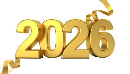 2026 number design for New Year symbol and sign. 2026 New Year with modern color. Happy New Year 2026. 3D numbers with ribbons and confetti on a transparent background.