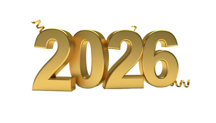2026 number design for New Year symbol and sign. 2026 New Year with modern color. Happy New Year 2026. 3D numbers with ribbons and confetti on a transparent background.