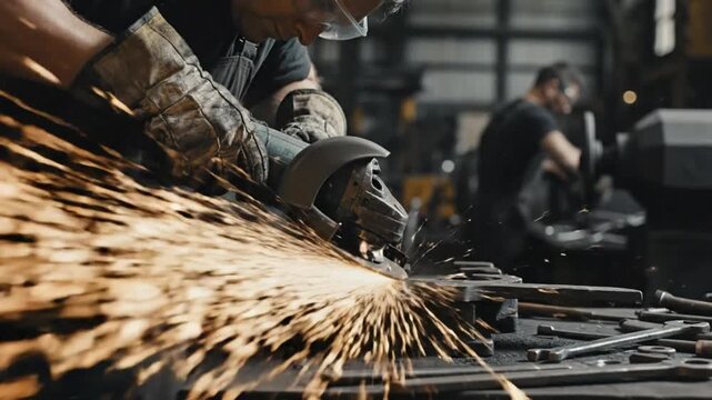 Blacksmith shaping metal with angle grinder, creating sparks while working on a craft project in a workshop