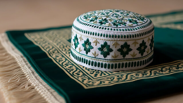Traditional Islamic Prayer Cap with Floral Embroidery on Prayer Mat