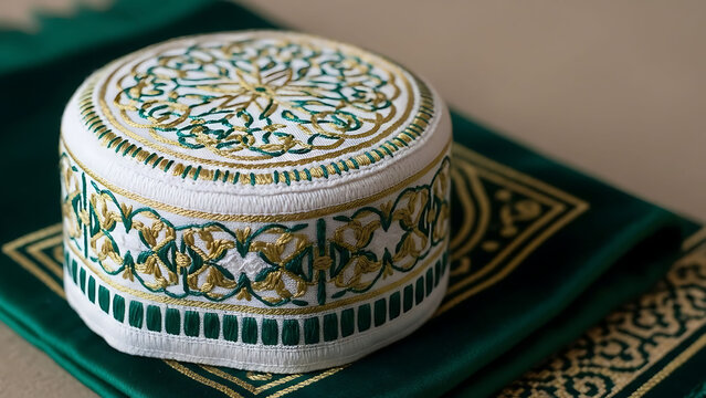 Traditional Islamic Prayer Cap with Intricate Embroidery on Prayer Mat