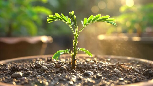 Small green plant sprouting and growing in a pot with sunlight shining through the leaves and illuminating the soil