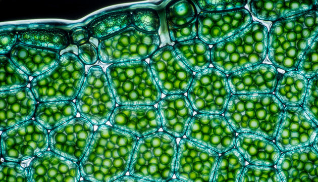 Layered photosynthetic plant cells with teal walls and green chloroplasts