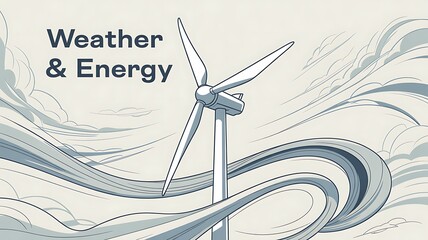 White wind turbine with swirling wind patterns and text Weather and Energy