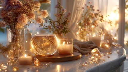 Obraz premium Warm and inviting interior scene with soft lighting, simple details, golden tones, and welcoming composition, creating an emotional editorial aesthetic, cozy and elegant atmosphere