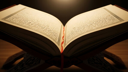 Obraz premium Open Quran on Wooden Stand with Illuminated Pages in Low Light Setting