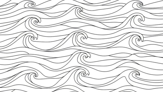 Abstract continuous black line drawing depicting rolling ocean waves on a white background pattern