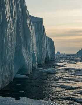 Eisberg im Wasser mit br&uuml;chigem Rand und schwebenden Eisschollen in der Arktis bei Sonnenuntergang