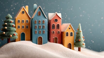 christmas winter village with colorful houses and Christmas tree. model miniature style, perfect for holiday and seasonal design use.