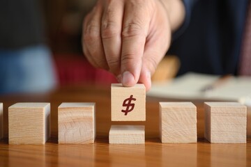 Hand Placing Block with Dollar Sign - Business Strategy & Finance Concept
