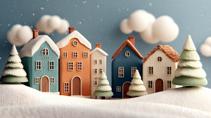 christmas winter village with colorful houses and Christmas tree. model miniature style, perfect for holiday and seasonal design use.