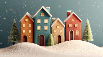 christmas winter village with colorful houses and Christmas tree. model miniature style, perfect for holiday and seasonal design use.