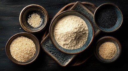 Variety of grains and seeds in rustic bowls on wooden table