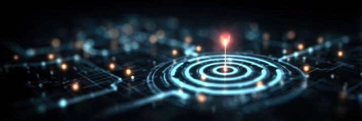 Digital target locked on a virtual roadmap interface symbolizing focused goal setting structured strategy milestone tracking and success in digital transformation era