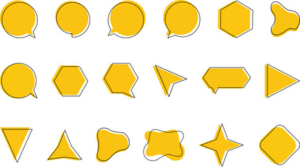 A minimalist collection of modern vector shapes featuring speech bubbles, geometric icons, and abstract blobs.