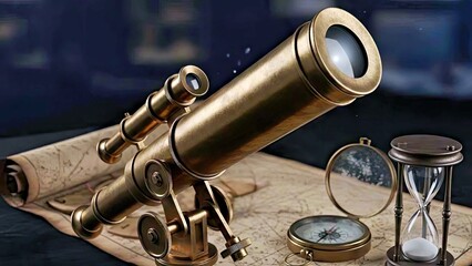 Vintage Exploration Still Life with Antique Telescope Compass Map and Hourglass on Table