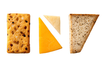 Assorted Cheese and Bread Slices on White Background