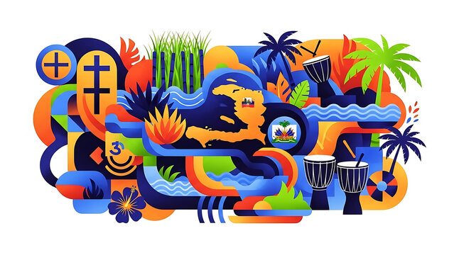 Abstract colorful illustration of haiti map with flag symbols drums and tropical elements in vibrant graphic design style representing caribbean culture and national identity on white background, Hait