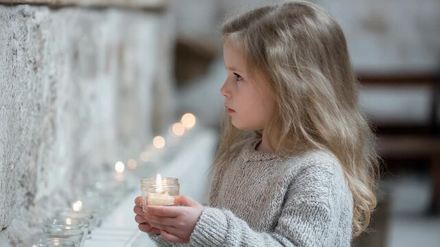 Little girl holding candle with gentle expression and captivated gaze in soft lighting. Universal Children's Day, Christmas Eve, St. Martin's Day