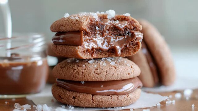 Melted chocolate cookies stacked with sea salt and dripping ganache