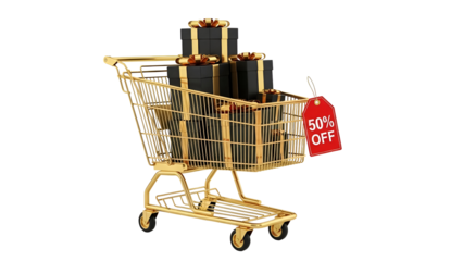 Golden shopping cart with luxury gift boxes and 50% off tag