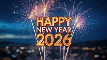 New Year 2026 Celebration Fireworks Display with Festive Golden Typography on Twilight Sky Background