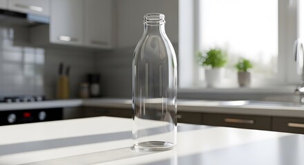 Clear glass bottle on white countertop in bright modern kitchen with sunlight and green plants for lifestyle visuals
