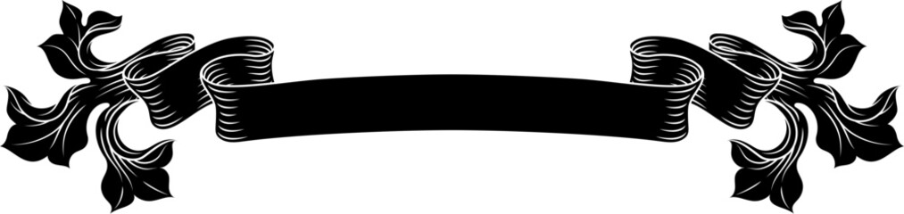 A scroll with filigree medieval crest coat of arms heraldic style pattern motif. In a vintage woodcut etching style.