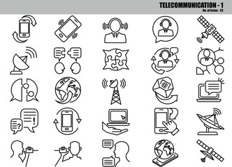 Telecommunication Line Icons Set &ndash; Communication, Network, Mobile, Signal & Technology Outline Symbols, Editable Vector Pack