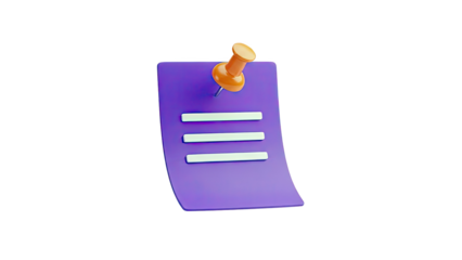 3D Icon: Purple Paper with Orange Thumbtack and Lines