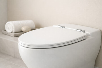 Modern closed toilet seat in minimalist bathroom interior with soft natural lighting and clean neutral decor