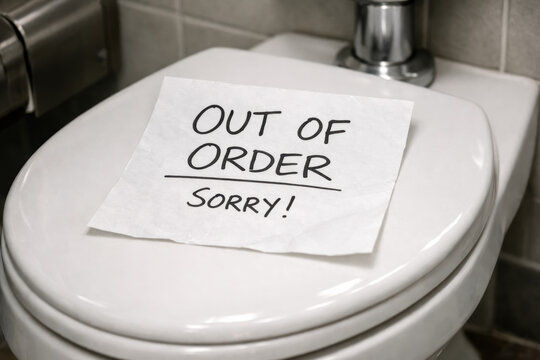 Out of order toilet with handwritten sorry sign on white seat in public restroom with tiled wall background