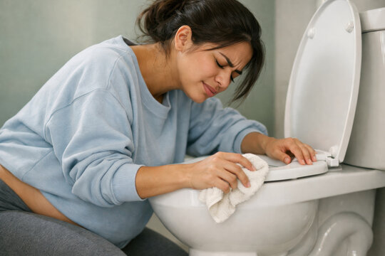 Pregnant woman suffering from morning sickness crouching by toilet, holding cleaning cloth and grimacing in bathroom discomfort