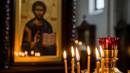 Burning church candles in front of a blurred orthodox icon, atmosphere religious holidays and prayer.