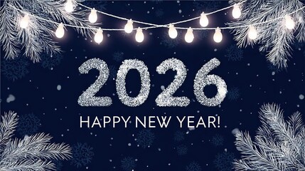 Glittery 2026 New Year Celebration with Festive Lights and Snowflakes on Dark Blue Background