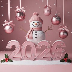Pink Christmas Snowman 2026 New Year Festive Decorations with Ornaments and Snowflakes on Pastel Background
