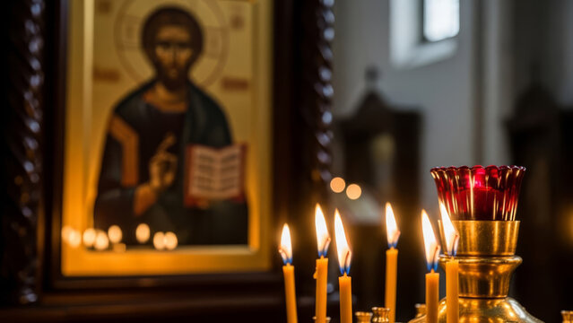 Burning church candles in front of a blurred orthodox icon, atmosphere religious holidays and prayer.