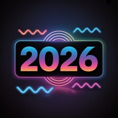 Neon Glowing 2026 New Year Countdown Design with Vibrant Gradient Colors and Dynamic Abstract Lines for Future Themed Celebrations and Events