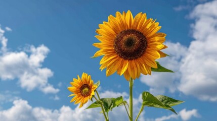 Obraz premium Two vibrant yellow sunflowers stand tall against a clear blue sky dotted with fluffy white clouds.