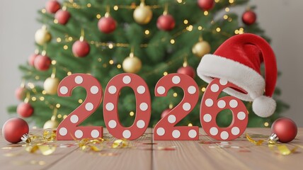 Festive 2026 New Year Celebration Scene with Christmas Tree and Santa Hat on Wooden Floor