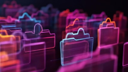 A neon-lit landscape of abstract, layered shapes with varying colors and depths against a black backdrop - Powered by Adobe