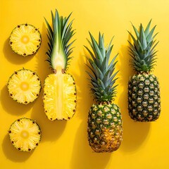 Three pineapples, sliced and whole, on a bright yellow background