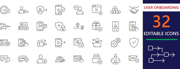 Premium user onboarding stroke icons for SaaS, welcome, feedback,  and UI/UX walkthroughs. Minimalist vector set for app setup and digital adoption.