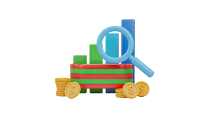 3D financial analysis with coins and magnifying glass
