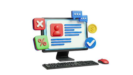 3D Computer with Icons: Profile, Chat, Money, and Decisions