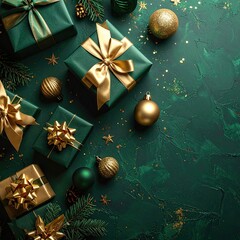 Emerald green gift boxes with gold ribbons, ornaments, and pine sprigs on a textured surface